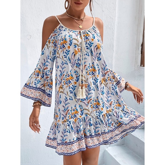 🍂 BOHO BLUE MULTI OPEN SHOULDER TASSEL LOOSE FIT DEESS! - Picture 1 of 9